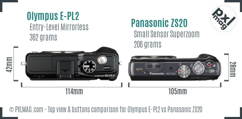 Olympus E-PL2 vs Panasonic ZS20 top view buttons comparison