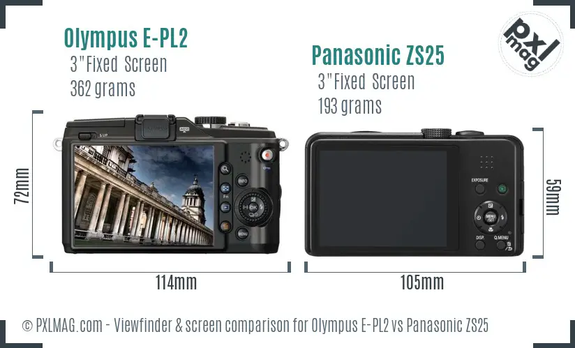 Olympus E-PL2 vs Panasonic ZS25 Screen and Viewfinder comparison