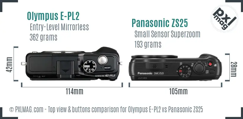 Olympus E-PL2 vs Panasonic ZS25 top view buttons comparison