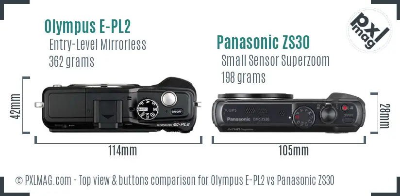 Olympus E-PL2 vs Panasonic ZS30 top view buttons comparison