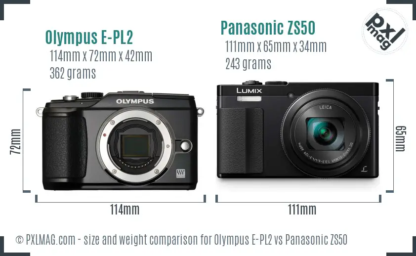 Olympus E-PL2 vs Panasonic ZS50 size comparison