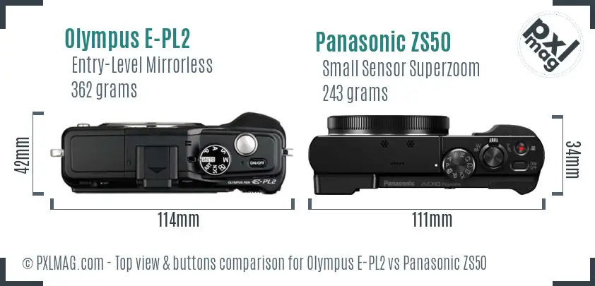 Olympus E-PL2 vs Panasonic ZS50 top view buttons comparison