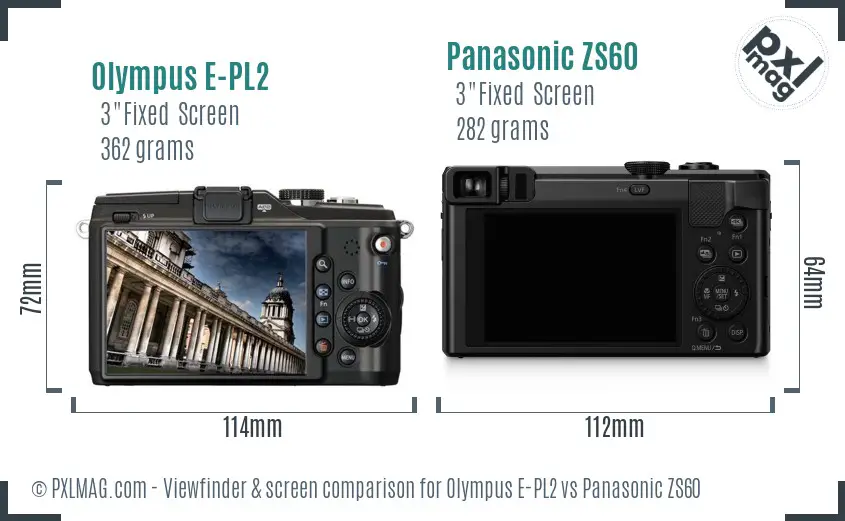 Olympus E-PL2 vs Panasonic ZS60 Screen and Viewfinder comparison