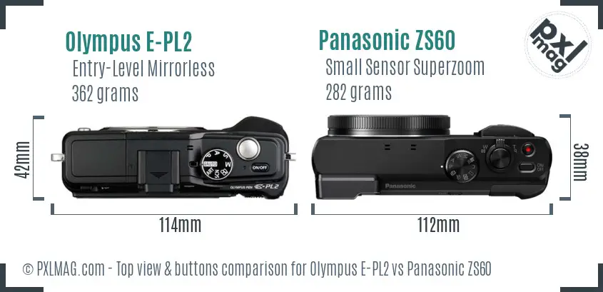 Olympus E-PL2 vs Panasonic ZS60 top view buttons comparison