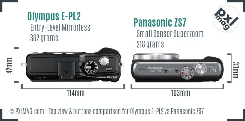 Olympus E-PL2 vs Panasonic ZS7 top view buttons comparison