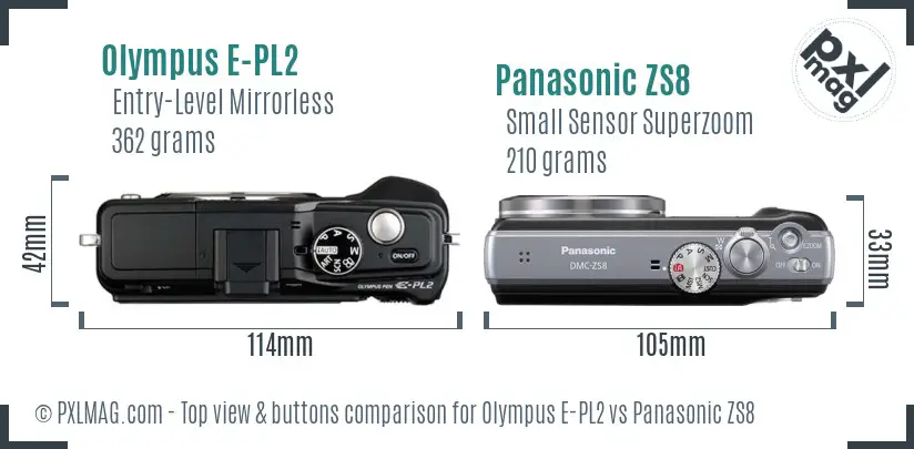 Olympus E-PL2 vs Panasonic ZS8 top view buttons comparison