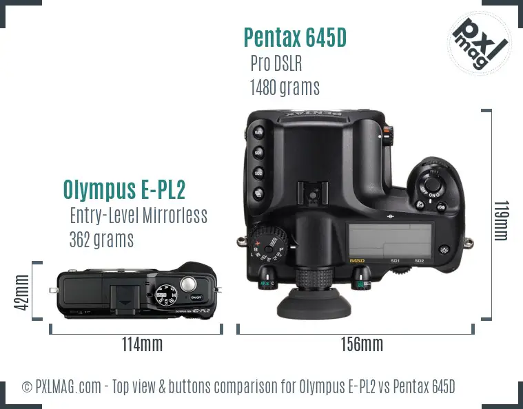 Olympus E-PL2 vs Pentax 645D top view buttons comparison