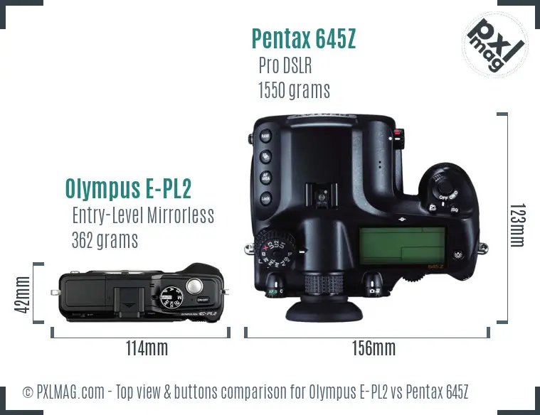 Olympus E-PL2 vs Pentax 645Z top view buttons comparison