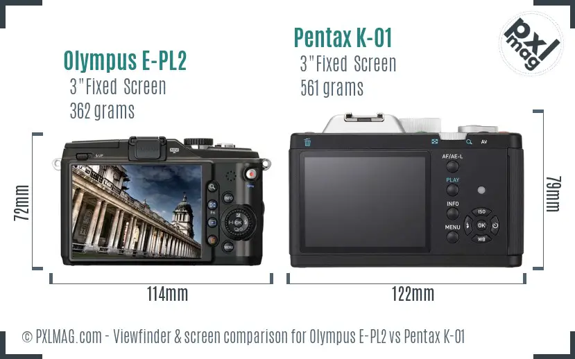 Olympus E-PL2 vs Pentax K-01 Screen and Viewfinder comparison