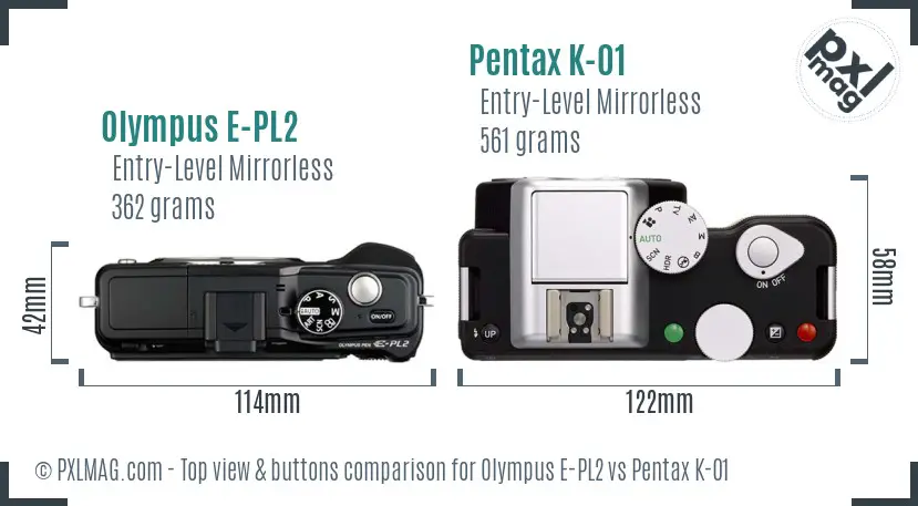 Olympus E-PL2 vs Pentax K-01 top view buttons comparison