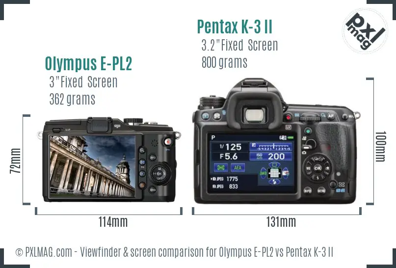Olympus E-PL2 vs Pentax K-3 II Screen and Viewfinder comparison