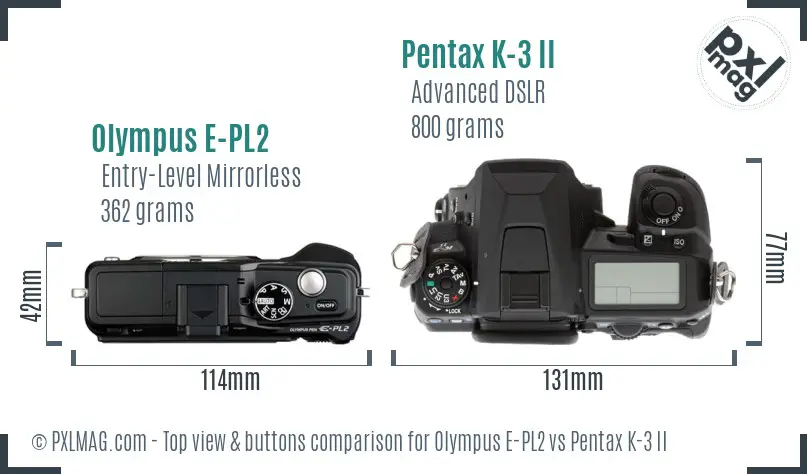 Olympus E-PL2 vs Pentax K-3 II top view buttons comparison