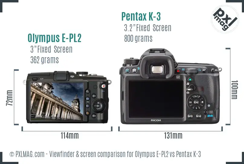 Olympus E-PL2 vs Pentax K-3 Screen and Viewfinder comparison