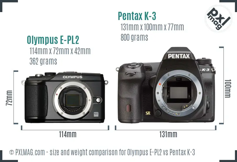 Olympus E-PL2 vs Pentax K-3 size comparison