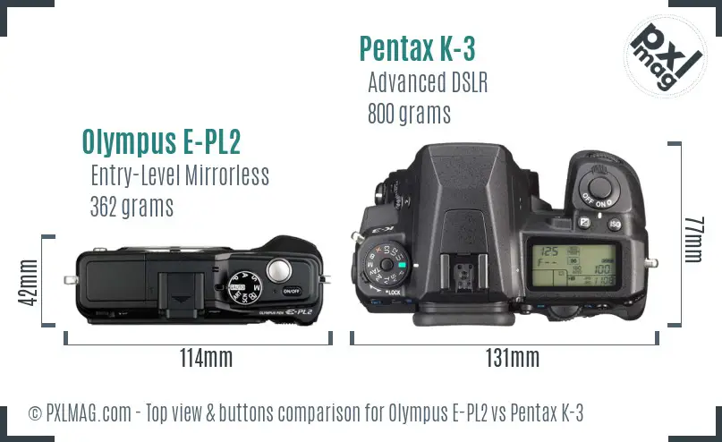 Olympus E-PL2 vs Pentax K-3 top view buttons comparison