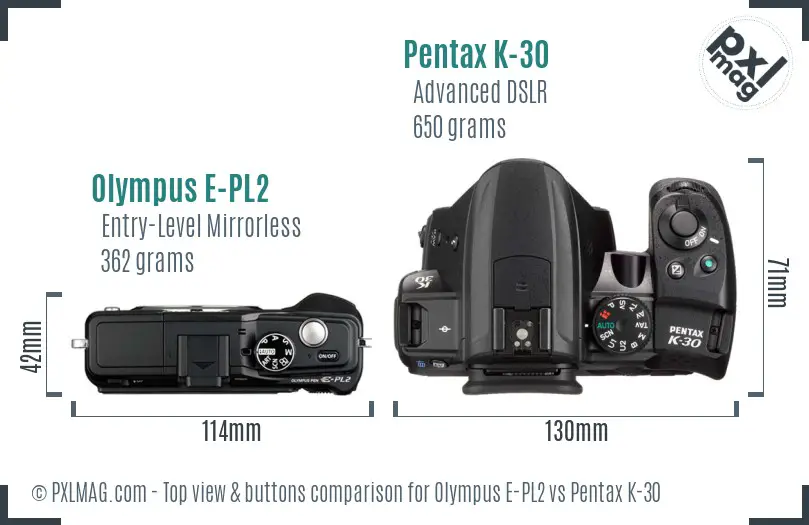 Olympus E-PL2 vs Pentax K-30 top view buttons comparison