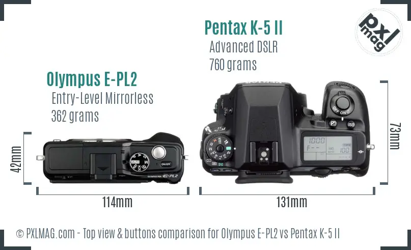 Olympus E-PL2 vs Pentax K-5 II top view buttons comparison