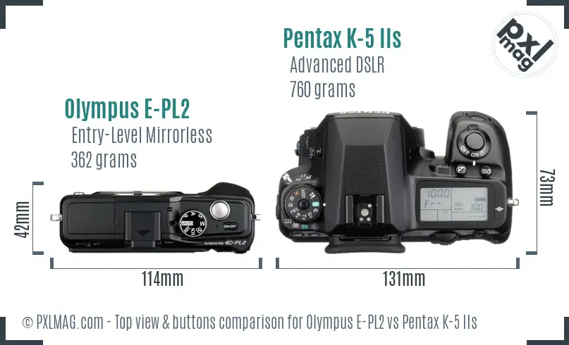 Olympus E-PL2 vs Pentax K-5 IIs top view buttons comparison