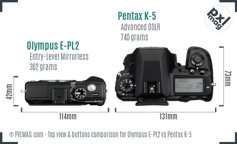 Olympus E-PL2 vs Pentax K-5 top view buttons comparison