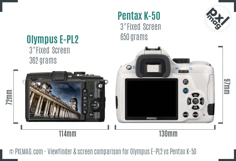 Olympus E-PL2 vs Pentax K-50 Screen and Viewfinder comparison