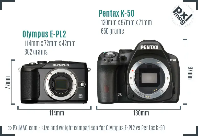Olympus E-PL2 vs Pentax K-50 size comparison