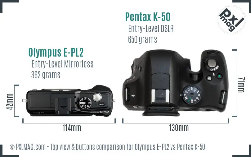Olympus E-PL2 vs Pentax K-50 top view buttons comparison