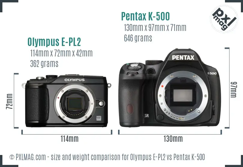 Olympus E-PL2 vs Pentax K-500 size comparison