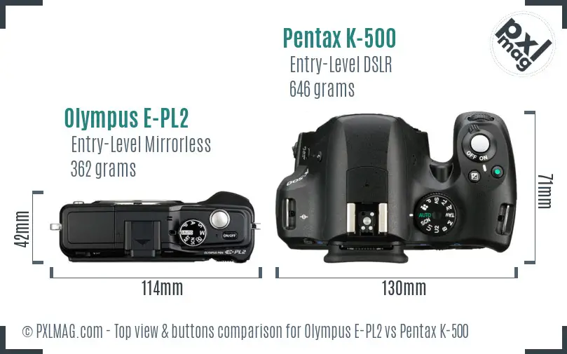 Olympus E-PL2 vs Pentax K-500 top view buttons comparison