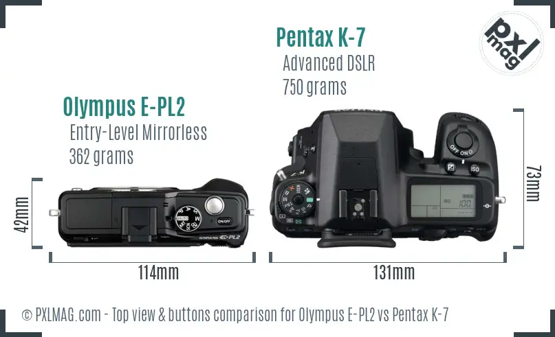 Olympus E-PL2 vs Pentax K-7 top view buttons comparison