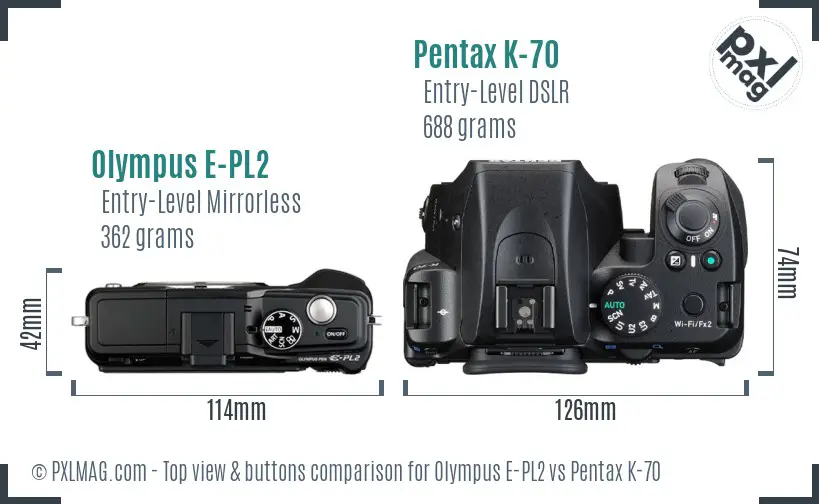 Olympus E-PL2 vs Pentax K-70 top view buttons comparison