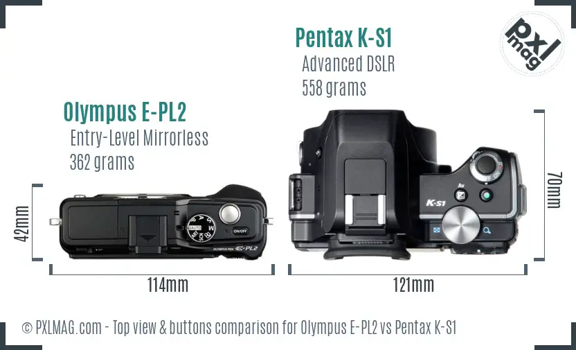 Olympus E-PL2 vs Pentax K-S1 top view buttons comparison