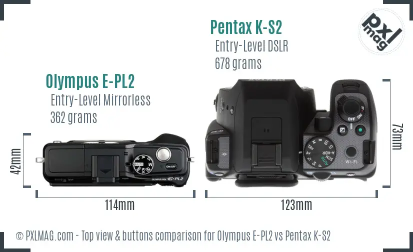 Olympus E-PL2 vs Pentax K-S2 top view buttons comparison
