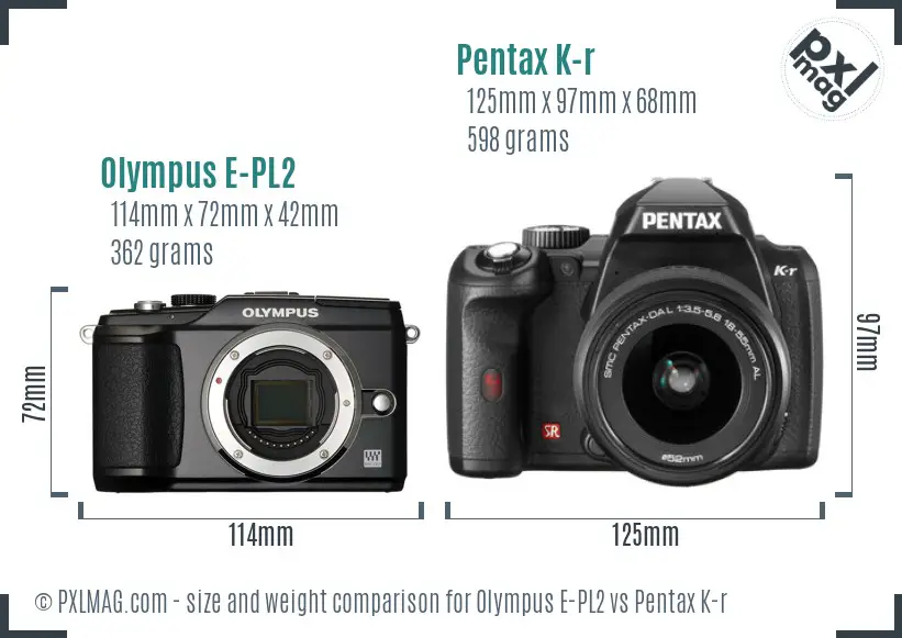 Olympus E-PL2 vs Pentax K-r size comparison