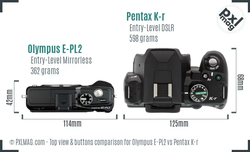 Olympus E-PL2 vs Pentax K-r top view buttons comparison
