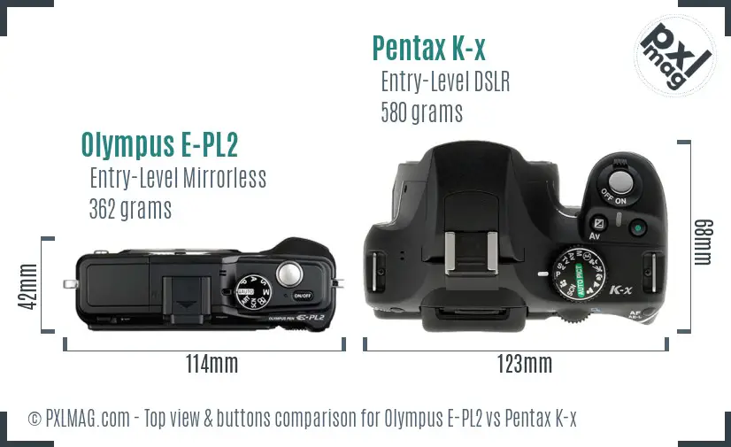 Olympus E-PL2 vs Pentax K-x top view buttons comparison