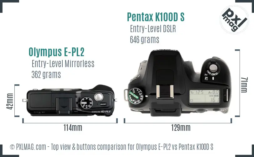 Olympus E-PL2 vs Pentax K100D S top view buttons comparison