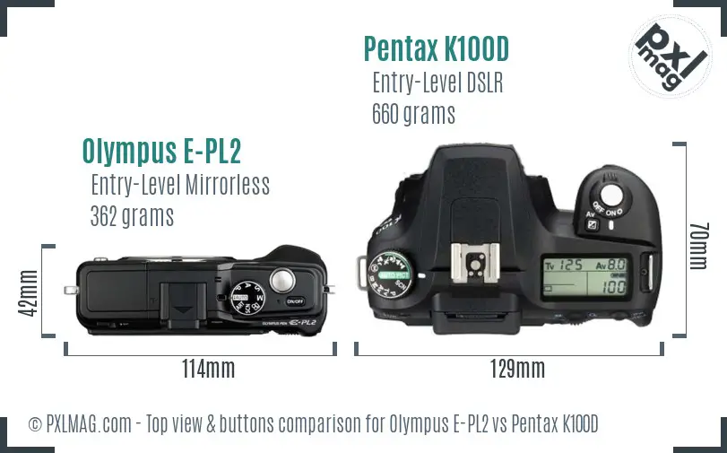 Olympus E-PL2 vs Pentax K100D top view buttons comparison