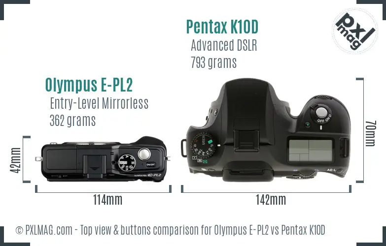 Olympus E-PL2 vs Pentax K10D top view buttons comparison