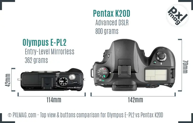 Olympus E-PL2 vs Pentax K20D top view buttons comparison