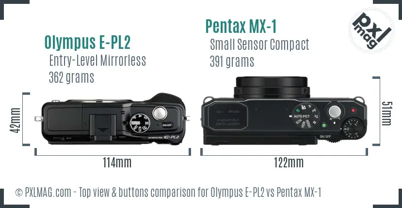 Olympus E-PL2 vs Pentax MX-1 top view buttons comparison
