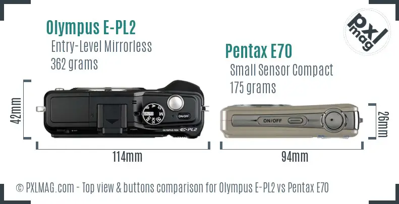 Olympus E-PL2 vs Pentax E70 top view buttons comparison