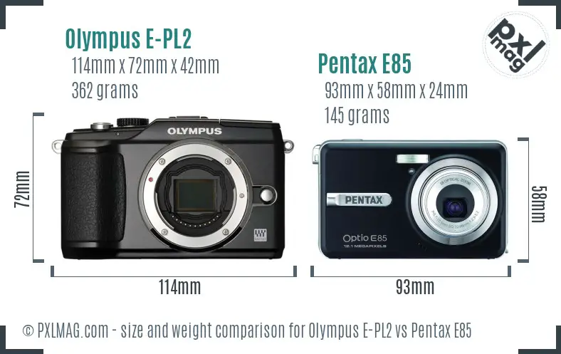 Olympus E-PL2 vs Pentax E85 size comparison