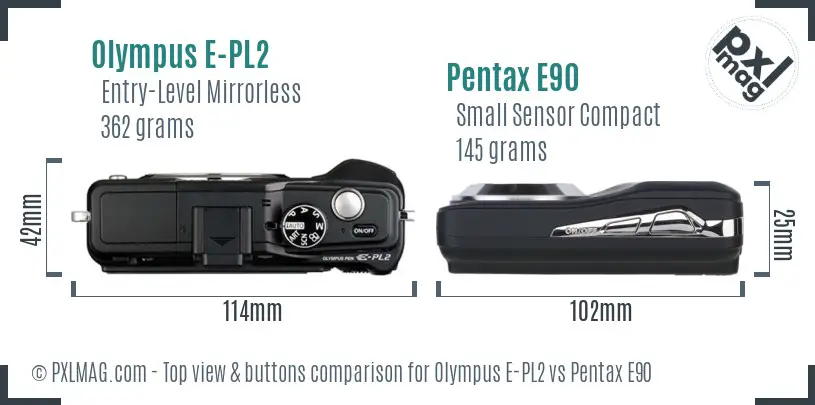 Olympus E-PL2 vs Pentax E90 top view buttons comparison
