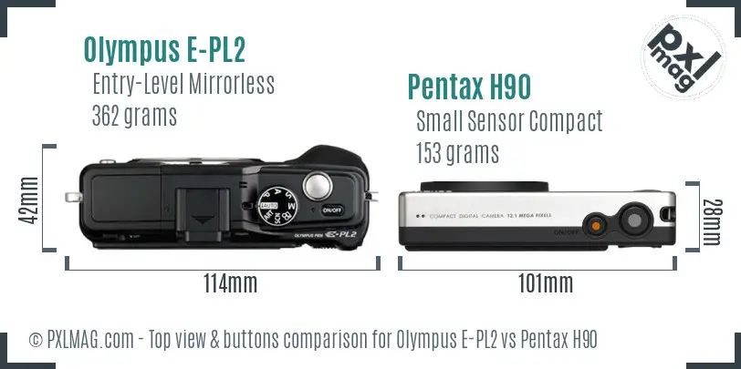 Olympus E-PL2 vs Pentax H90 top view buttons comparison