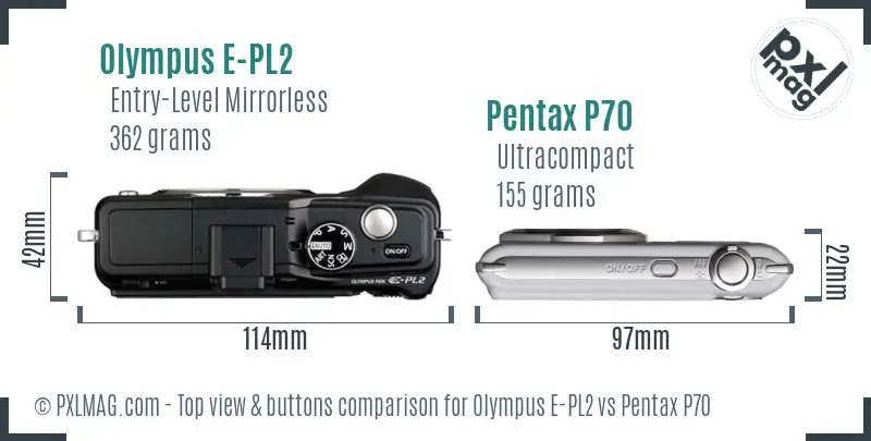 Olympus E-PL2 vs Pentax P70 top view buttons comparison