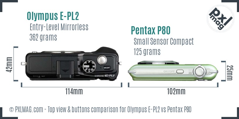 Olympus E-PL2 vs Pentax P80 top view buttons comparison