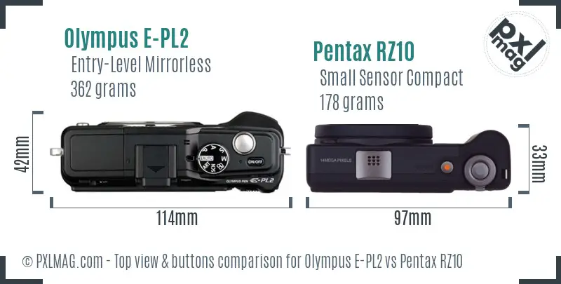 Olympus E-PL2 vs Pentax RZ10 top view buttons comparison