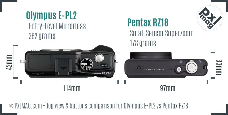 Olympus E-PL2 vs Pentax RZ18 top view buttons comparison