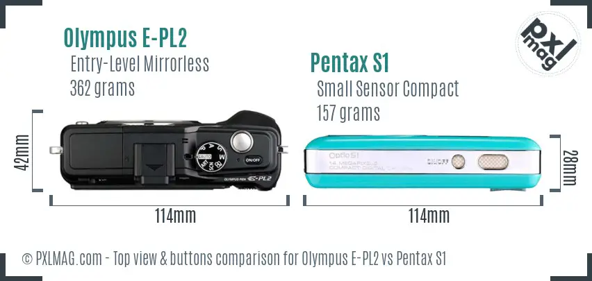 Olympus E-PL2 vs Pentax S1 top view buttons comparison