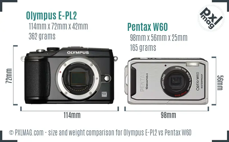 Olympus E-PL2 vs Pentax W60 size comparison